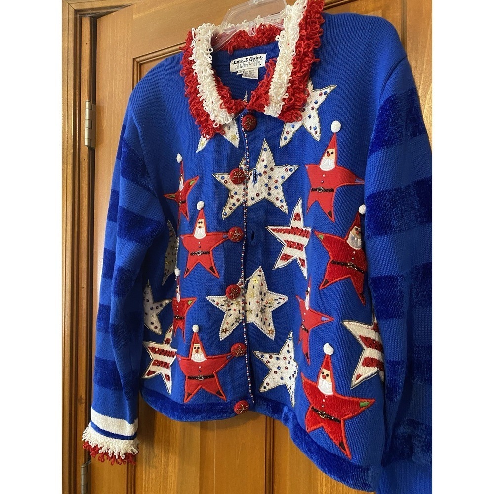 VTG Jack B Quick Sweater Christmas Santa Holiday Beaded Cardigan XL Patriotic - Picture 4 of 11